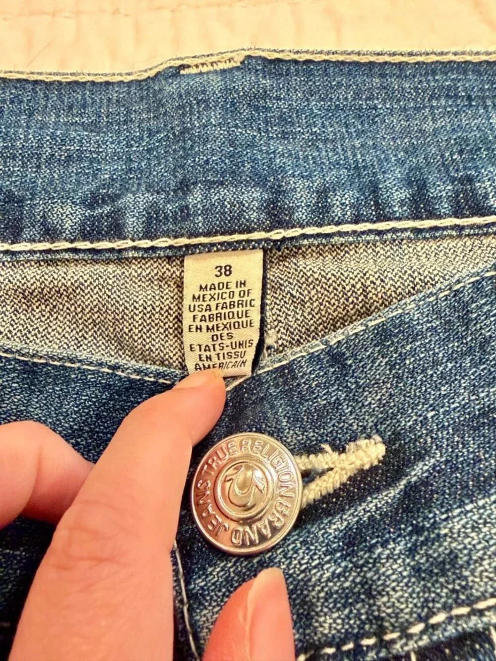 True Religion Jeans Mens 38 Slim Flap Natural W Print World Tour Side Stripe NWT